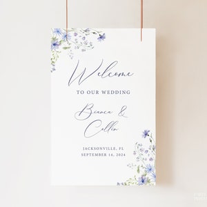 Blue Floral Wedding Welcome Sign Template, Editable Dusty Blue Wildflower Sign, Botanical Wedding Welcome, Romantic Wedding Sign DIY, S11