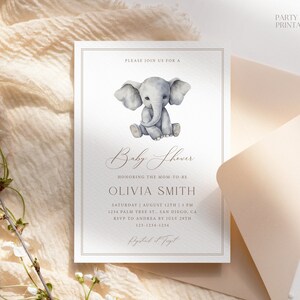 Editable Elephant Baby Shower Invitation Template, Minimalist Safari Baby Shower Invite, Printable Gender Neutral Baby Elephant Invite, W44