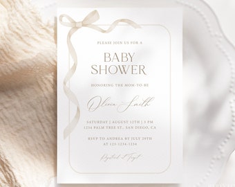 Editable Light Beige Bow Baby Shower Invitation, Gender Neutral Ribbon Baby Shower Invite, Minimalist Modern Boho Beige Baby Shower Card S26