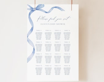Editable Blue Bow Seating Chart Template, Instant Boy Baby Shower Seating Chart, Printable Dusty Blue Ribbon Baby Boy Seating Poster, S14
