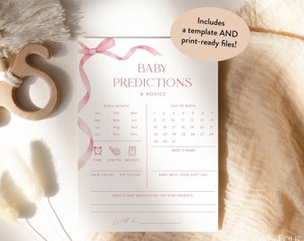 Dusty Pink Bow Baby Shower Predictions And Advice Cards, Girl Baby Shower Predictions Template, Editable Instant Pink Predictions Game, S16