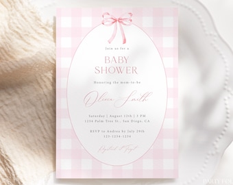 Editable Pink Preppy Gingham Baby Shower Invitation Template, Gingham Pink Bow Girl Baby Shower Invite, Printable Pink Ribbon Invite, G02