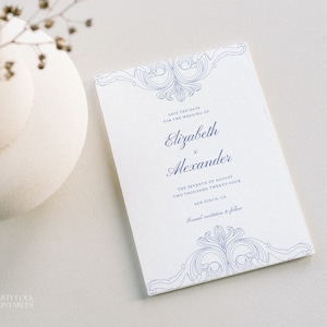 Blue Save The Date Template, Elegant Save The Date, Victorian Era, Dusty Blue Printable Save The Date, Bridgerton Theme, Classic, C02