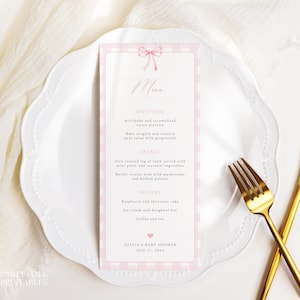 Editable Pink Gingham Baby Shower Menu Template, Pink Preppy Baby Shower Menu, Pink Gingham Bow Dinner Menu, Instant Cute Girl Shower, G02