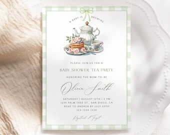 Editable Green Baby Shower Tea Party Invitation Template, Baby Is Brewing Brunch Invite, Gender Neutral Green Gingham Baby Shower Invite T05