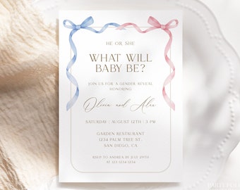 Editable Gender Reveal Invitation Template, Pink Blue Bow Gender Reveal Invite, He Or She Invite, Boy Or Girl Reveal Invitation Download W34