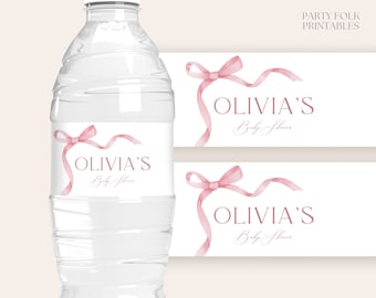 Editable Pink Bow Water Bottle Label Template, Printable Girl Baby Shower Labels, Personalized Dusty Pink Girl Baby Shower Bottle Label, S16