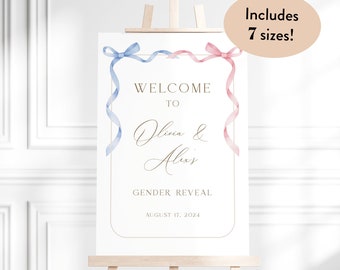 Editable Gender Reveal Welcome Sign Template, Pink Blue Bow Gender Reveal Welcome, He Or She Poster, Boy Or Girl Reveal Sign Download, W34