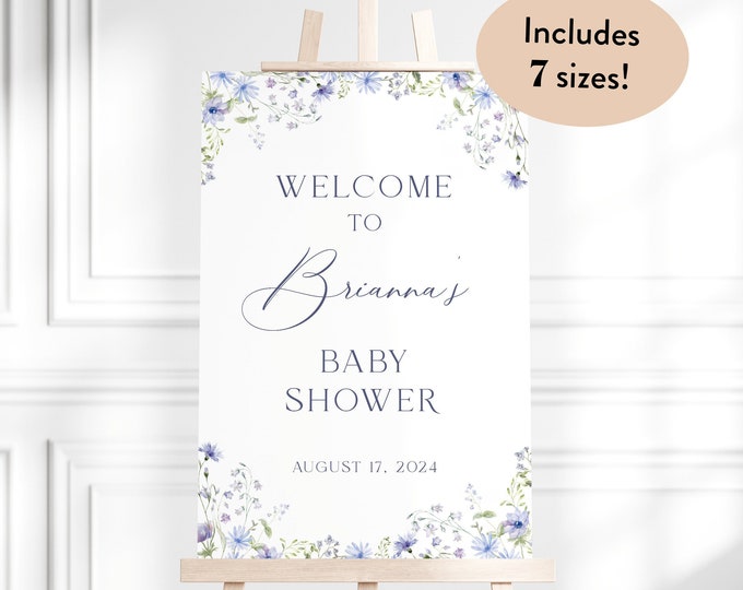 Editable Blue Floral Baby Shower Welcome Sign Template, Printable Baby ...
