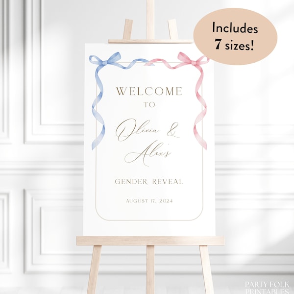 Editable Gender Reveal Welcome Sign Template, Pink Blue Bow Gender Reveal Welcome, He Or She Poster, Boy Or Girl Reveal Sign Download, W34