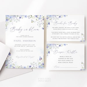 Blue Baby In Bloom Baby Shower Invitation Set Template, Printable Blue Wildflower Baby Shower Invite, Editable Floral Boy Shower Invite, W31