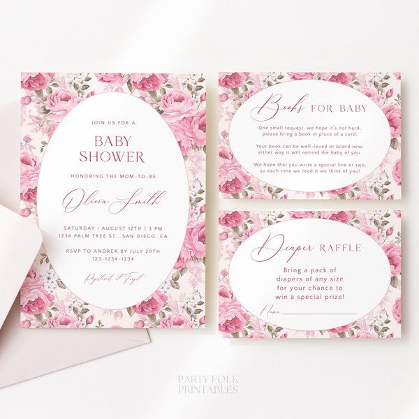Pink Roses Baby Shower Invitation Template Set, Editable Shabby Chic Baby Shower Invite, Printable Vintage Flower Pretty In Pink Set, A11