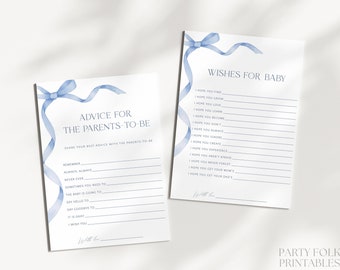Blue Bow Wishes For Baby Advice For Parents-to-be, Printable Dusty Blue Baby Shower Advice And Wishes, Editable Boy Baby Shower Games, S14