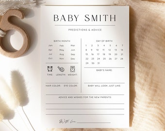 Personalized Minimalist Baby Shower Predictions And Advice Card Template, Classic Baby Predictions, Editable Instant Predictions Game, S04