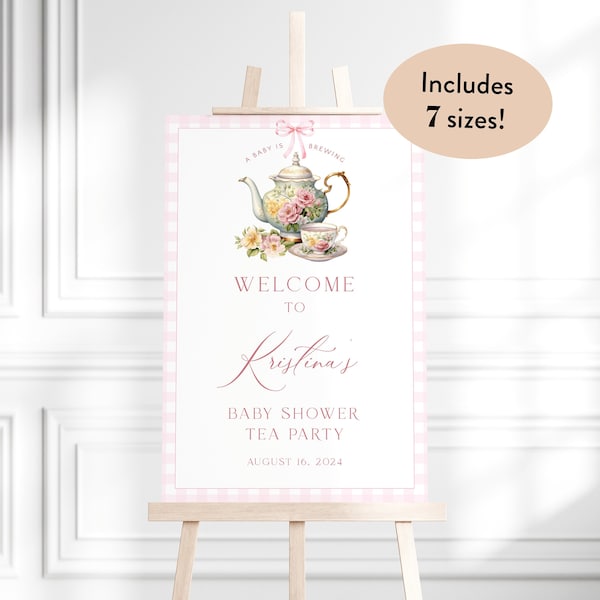 Editable Pink Baby Shower Tea Party Welcome Sign Template, Baby Is Brewing Brunch Sign, Instant Printable Pink Girl Baby Shower Poster, T02