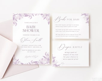 Lilac Vintage Florals Baby Shower Invitation Set Template, Editable Purple Baby Shower Invite, Lavender Shower Printable Flower Invite, A07