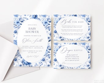 Editable Blue Toile Baby Shower Invitation Template Set, Dusty Blue Chinoiserie Baby Shower Invite, Printable Blue Floral Toile Invite, A25