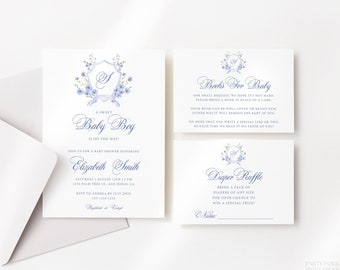 Editable Dusty Blue Crest Baby Shower Invitation Set, Blue Monogram Baby Shower Invitation Template,  Printable Baby Boy Shower Invite, A16