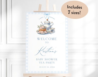 Editable Blue Baby Shower Tea Party Welcome Sign Template, Baby Is Brewing Brunch Sign, Instant Printable Blue Boy Baby Shower Poster, T01