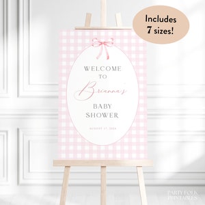 Editable Pink Preppy Gingham Baby Shower Welcome Sign Template, Gingham Pink Bow Girl Baby Shower Welcome Sign, Girl Baby Shower Poster, G02