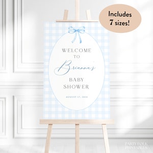 Editable Blue Preppy Gingham Baby Shower Welcome Sign Template, Gingham Blue Bow Boy Baby Shower Welcome Sign, Boy Baby Shower Poster, G01