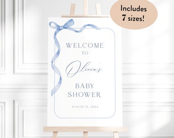 Editable Blue Bow Baby Shower Welcome Sign Template, Instant Boy Baby Shower Welcome Sign, Printable Dusty Blue Ribbon Baby Boy Poster, S14