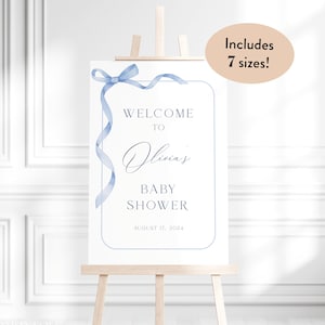 Editable Blue Bow Baby Shower Welcome Sign Template, Instant Boy Baby Shower Welcome Sign, Printable Dusty Blue Ribbon Baby Boy Poster, S14