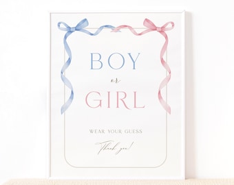 Blue Pink Boy Or Girl Gender Reveal Sign, Printable Instant Pink Blue Bow Wear Your Guess Table Sign, He Or She Game Baby Shower Sign, W34