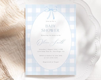 Editable Blue Gingham & Bow Baby Shower Invitation Template, Blue Gingham Preppy Boy Baby Shower Invite, Printable Blue Ribbon Invite, G01