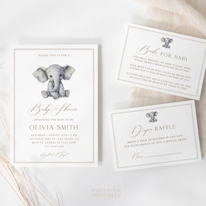 Editable Elephant Baby Shower Invitation Template Set, Boho Safari Baby Shower Invite, Printable Gender Neutral Baby Elephant Invite, W44