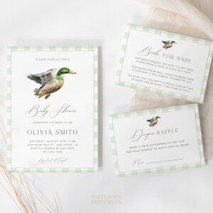 Editable Mallard Duck Baby Shower Invitation Set Template, Green Gingham Bow Duck Baby Shower Invite, Printable Duck Boy Shower Invite, W20