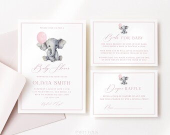 Pink Elephant Balloon Baby Shower Invitation Template Set, Elephant Girl Baby Shower Invite, Printable Pink Invite Books For Baby Card, W11