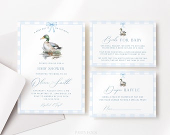 Editable Mallard Duck Boy Baby Shower Invitation Set Template, Blue Gingham Bow Duck Shower Invite, Printable Duck Baby Shower Invite, W21