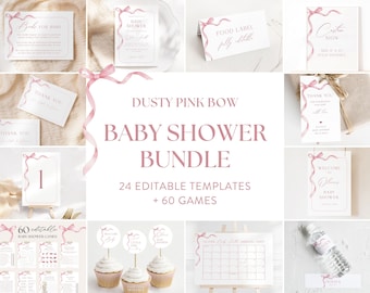 Editable Dusty Pink Bow Baby Shower Template Bundle, Blush Girl Baby Shower Bundle, Printable Minimalist Pink Girl Shower Decor Pack, S16