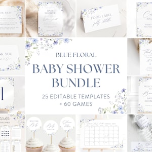 Editable Blue Floral Baby Shower Bundle Template, Baby Boy In Bloom Shower Bundle, Instant Dusty Blue Wildflower Boy Baby Shower Decor, S10