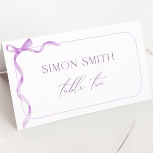 Editable Lilac Bow Place Card Template, Purple Name Card, Ribbon Baby Shower Place Card, Printable Cute Girl Shower Tented Name Card, S15
