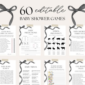 Minimalist Black Bow Baby Shower Game Bundle, Editable Black & White Game Template, Modern Game Pack, Gender Neutral Shower Game Bundle, S20