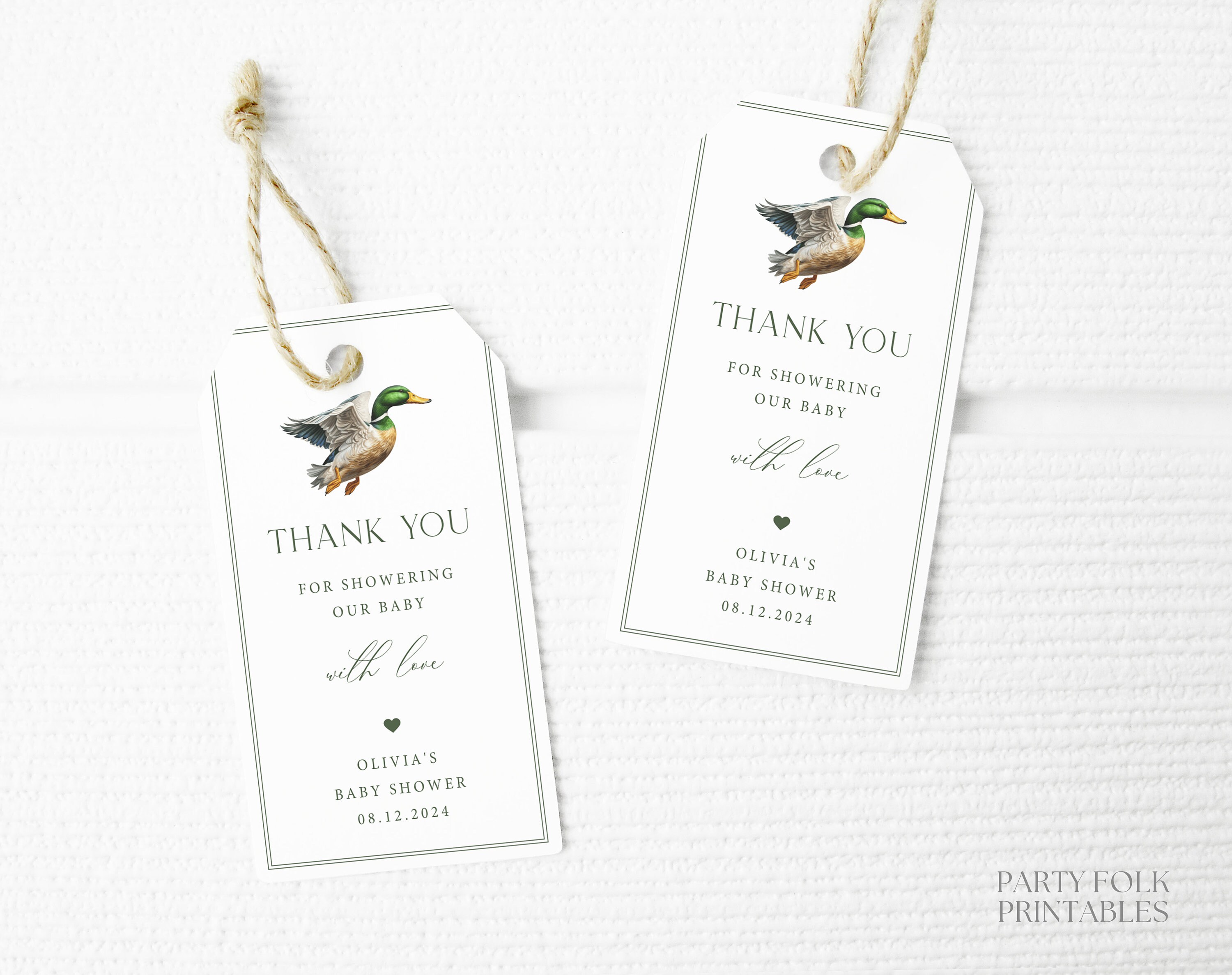 Editable Mallard Duck Baby Shower Thank You Tag, Printable Duck Baby
