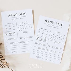 Blue Boy Baby Shower Predictions And Advice Cards, Minimalist Printable Baby Predictions Template, Editable Instant Baby Predictions Game image 2
