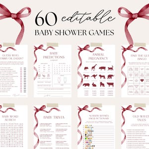 Editable Burgundy Bow Baby Shower Game Bundle, Red Ribbon Bow Game Template, Holiday Baby Shower Game Pack, Christmas Shower Game Bundle S35