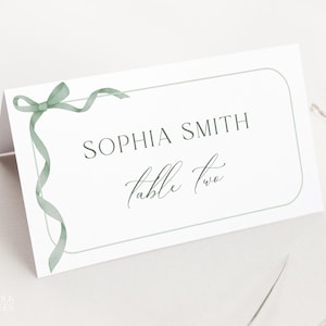 Editable Sage Green Bow Place Card Template, Sage Seating, Green Ribbon Tent Fold Place Card, Printable Secret Gender Neutral Name Card, S24