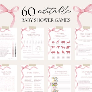 Editable Dusty Pink Bow Baby Shower Game Bundle, Pretty In Pink Ribbon Game Template, Pink Cute Game Pack, Girl Baby Shower Game Bundle, S16