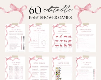 Editable Dusty Pink Bow Baby Shower Game Bundle, Pretty In Pink Ribbon Game Template, Pink Cute Game Pack, Girl Baby Shower Game Bundle, S16