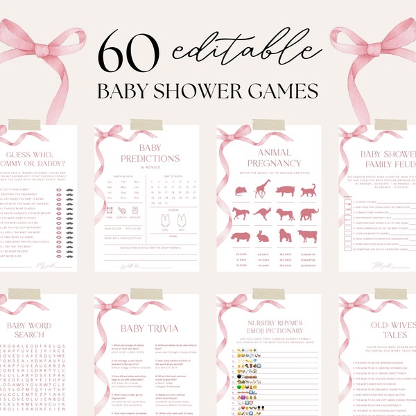 Editable Dusty Pink Bow Baby Shower Game Bundle, Pretty In Pink Ribbon Game Template, Pink Cute Game Pack, Girl Baby Shower Game Bundle, S16