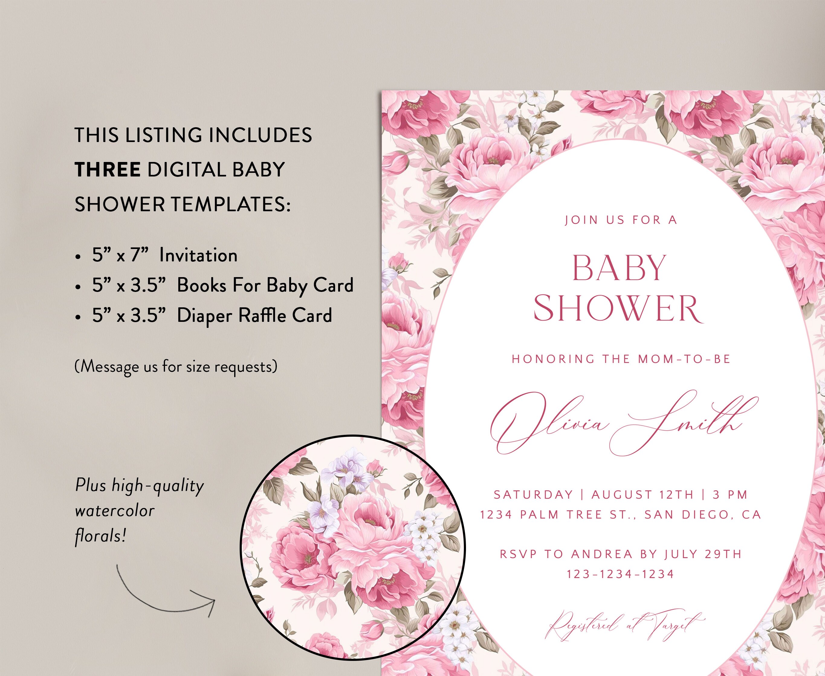 Pink Roses Baby Shower Invitation Template Set, Editable Shabby Chic ...