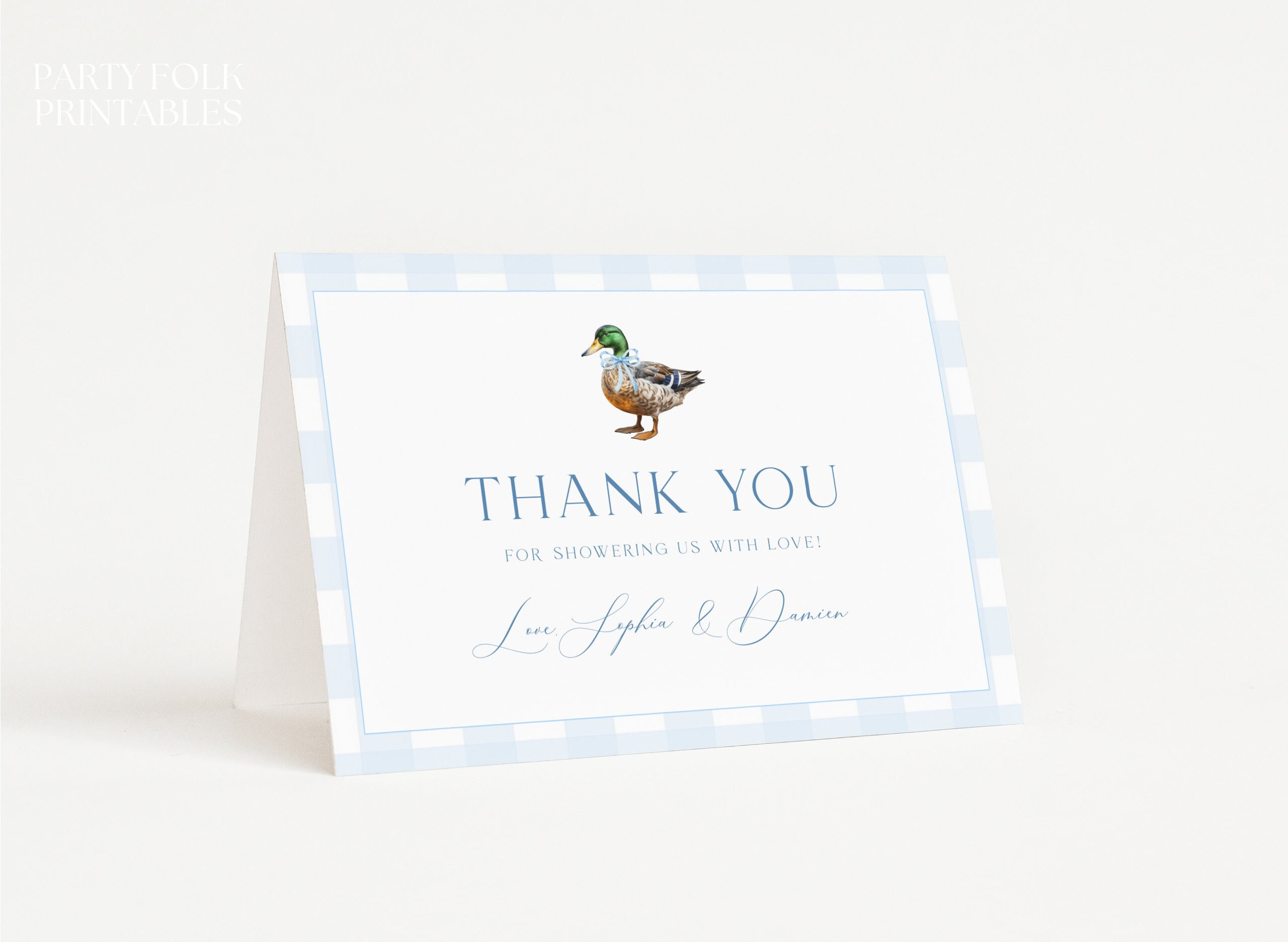 Editable Mallard Duck Baby Shower Thank You Card Template, Blue Gingham ...