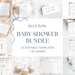 Editable Blue Bow Baby Shower Template Bundle, Blue Boy Baby Shower Bundle, Printable Minimalist Dusty Blue Boy Baby Shower Decor Pack, S14