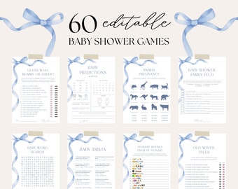 Editable Blue Bow Baby Shower Game Bundle, Dusty Blue Ribbon Game Template, Baby Shower Game Pack, Cute Boy Baby Shower Game Bundle, S14