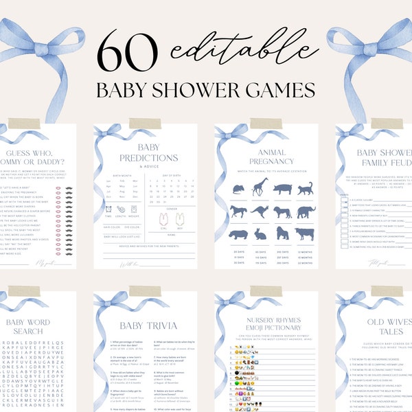Editable Blue Bow Baby Shower Game Bundle, Dusty Blue Ribbon Game Template, Baby Shower Game Pack, Cute Boy Baby Shower Game Bundle, S14