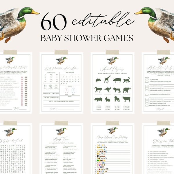 Editable Mallard Duck Baby Shower Game Bundle, Duck Baby Game Template, Minimalist Mallard Baby Shower Game Pack, Gender Neutral Games, W09